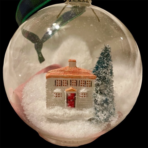 TALBOTS 2018 Snow Globe ornament w/colonial home, tree & plaid ribbon to hang w/ - Picture 1 of 8